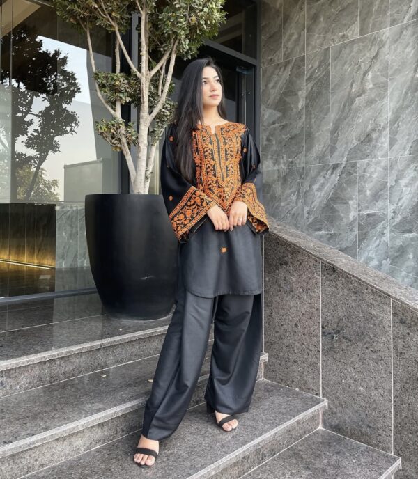 Stylish Black Cotton Embroidered Shirt and Trouser Set -2pcs