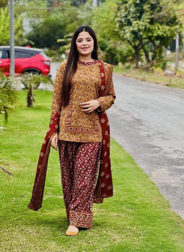 Stylish Women's Stitched Printed Suit - 3 Pcs Set in Brown