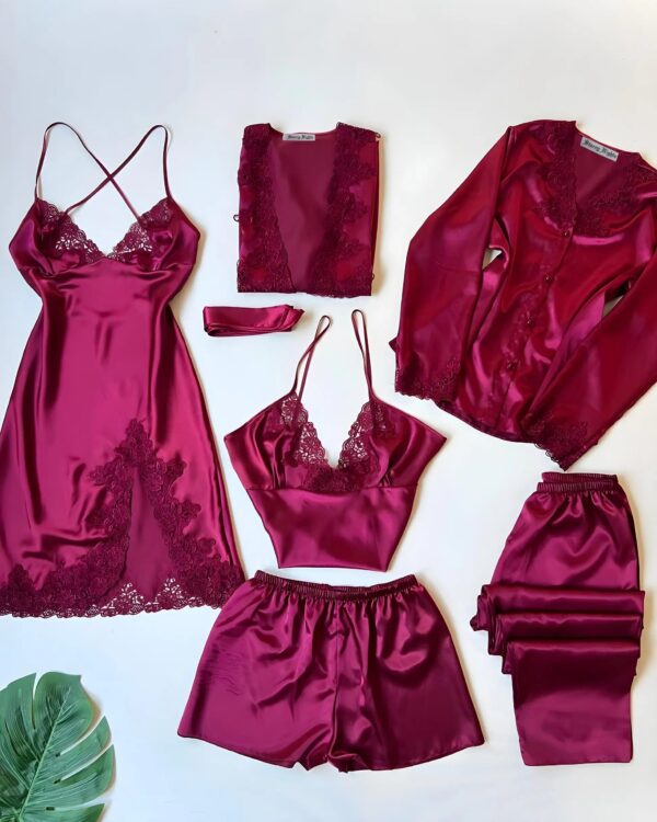 Elegant Women's Silk V-Neck Night Suit - 6 Pcs Sleepwear Set